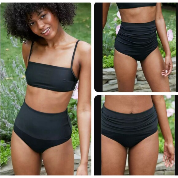 Aerie Fold Over High Waist Bikini Bottom SMALL Black Full Coverage Adjustable - Picture 2 of 4